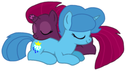 Size: 1498x849 | Tagged: safe, artist:徐詩珮, fizzlepop berrytwist, spring rain, tempest shadow, pony, unicorn, g4, base used, broken horn, female, horn, lesbian, mare, ship:springshadow, shipping, simple background, sleeping, transparent background