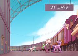 Size: 3832x2775 | Tagged: safe, artist:underpable, bon bon, derpy hooves, dj pon-3, lyra heartstrings, octavia melody, spike, sweetie drops, twilight sparkle, vinyl scratch, alicorn, dragon, earth pony, pony, unicorn, fanfic:around the world in 81 days, g4, annoyed, commission, fanfic art, happy, high res, luggage, open mouth, tank engine, train, train conductor, twilight sparkle (alicorn), winged spike, wings