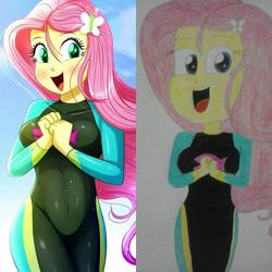 Size: 1024x1024 | Tagged: safe, artist:the-butch-x, edit, fluttershy, equestria girls, g4, clothes, hands together, quality, swimsuit, traditional art