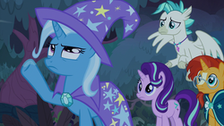 Size: 1920x1080 | Tagged: safe, screencap, starlight glimmer, sunburst, terramar, trixie, classical hippogriff, hippogriff, pony, unicorn, g4, student counsel, cape, clothes, female, great moments in animation, group, hat, male, mare, quartet, stallion, wizard hat