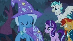 Size: 1920x1080 | Tagged: safe, screencap, starlight glimmer, sunburst, terramar, trixie, classical hippogriff, hippogriff, pony, unicorn, g4, student counsel, cape, clothes, female, group, hat, male, mare, quartet, stallion, trixie's cape, trixie's hat, wizard hat