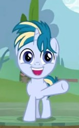 Size: 323x523 | Tagged: safe, screencap, skeedaddle, pony, unicorn, g4, the last crusade, colt, cropped, cute, happy, hooves, male, skeedabetes, smiling, solo, waving