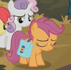 Size: 389x388 | Tagged: safe, screencap, apple bloom, scootaloo, sweetie belle, pegasus, pony, g4, the last crusade, adorable distress, animated, cropped, cute, cutealoo, cutie mark crusaders, female, mare, sad, saddle bag, sadorable, tippy taps, trotting, trotting in place