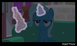 Size: 640x388 | Tagged: safe, edit, edited screencap, editor:teren rogriss, screencap, trixie, pony, unicorn, g4, student counsel, couch, cz 75, darkness, female, frown, glowing horn, gun, handgun, hooves, horn, levitation, low light, magic, mare, pistol, sitting, solo, telekinesis, weapon