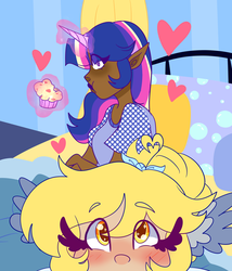 Size: 1280x1497 | Tagged: safe, artist:cubbybatdoodles, derpy hooves, twilight sparkle, human, g4, bed, blushing, dark skin, eating, elf ears, female, food, heart, horn, horned humanization, humanized, magic, muffin, selfie, unicorns as elves, wing ears
