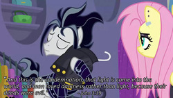 Size: 1280x720 | Tagged: safe, edit, edited screencap, screencap, fluttershy, snow hope, earth pony, pegasus, pony, fake it 'til you make it, g4, bible verse, female, fluttergoth, goth, male, meta, mouthpiece, out of context, out of context quote, religion, text