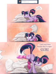 Size: 2000x2611 | Tagged: dead source, safe, artist:ncmares, edit, twilight sparkle, alicorn, pony, ask majesty incarnate, g4, alternate hairstyle, ask, badass, badass adorable, bucking, clothes, comic, cute, female, floppy ears, frown, glare, gritted teeth, high res, kicking, mare, ncmares is trying to murder us, pillow, pillow fight, ponytail, prone, smiling, smirk, socks, striped socks, truth, tumblr, twiabetes, twilight sparkle (alicorn), wide eyes
