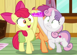 Size: 1227x883 | Tagged: safe, screencap, apple bloom, scootaloo, sweetie belle, pony, g4, the last crusade, cropped, cutie mark crusaders, legs tied, saddle bag