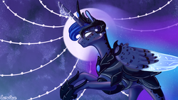 Size: 1280x720 | Tagged: safe, artist:luna dave, princess luna, alicorn, pony, g4, armor, colored wings, ethereal mane, female, galaxy mane, horn, horn jewelry, jewelry, mare, solo, wings