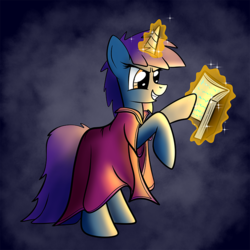 Size: 750x750 | Tagged: safe, artist:sandyfortune, oc, oc only, oc:frozen blaze, pony, unicorn, ponyfinder, arcanist, book, dungeons and dragons, female, magic, mare, pen and paper rpg, portrait, rpg, solo, sorcerer, wizard