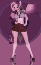 Size: 2159x3430 | Tagged: safe, artist:helioseusebio, oc, oc only, oc:shimmering spectacle, alicorn, anthro, 3d, alicorn oc, anthro oc, belly button, clothes, female, gradient background, high heels, high res, magical lesbian spawn, magical threesome spawn, midriff, offspring, platform heels, school uniform, schoolgirl, sexy, shoes, wings