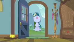 Size: 1920x1080 | Tagged: safe, screencap, skeedaddle, pony, unicorn, g4, the last crusade, boots, clothes, coat rack, door, excited, happy, leaping, male, scootaloo's house, shoes, solo, wardrobe
