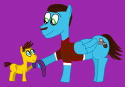 Size: 2916x2034 | Tagged: safe, artist:sb1991, oc, oc:film reel, oc:high tech, pegasus, pony, clothes, father and son, father's day, high res, male, necktie, plaid, plaid shirt, purple background, simple background