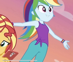 Size: 966x827 | Tagged: safe, screencap, rainbow dash, sunset shimmer, equestria girls, equestria girls series, g4, wake up!, spoiler:choose your own ending (season 2), spoiler:eqg series (season 2), clothes, cropped, cyoa, female, geode of super speed, magical geodes, sleeveless, tank top, wake up!: rainbow dash