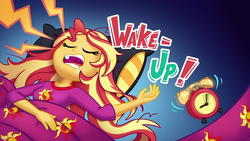 Size: 1280x720 | Tagged: safe, screencap, sunset shimmer, equestria girls, equestria girls series, g4, wake up!, spoiler:choose your own ending (season 2), spoiler:eqg series (season 2), alarm clock, background pony meltdown in the comments, clock, clothes, cute, cyoa, drool, graveyard of comments, pajamas, shimmerbetes, sleeping, snoring, solo, title card