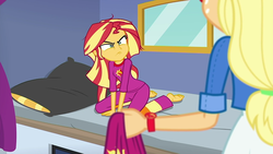 Size: 1280x720 | Tagged: safe, applejack, sunset shimmer, equestria girls, g4, my little pony equestria girls: choose your own ending, wake up!, wake up!: applejack, barefoot, clothes, cute, cyoa, feet, grumpy, messy hair, pajamas, shimmerbetes, shrunken pupils