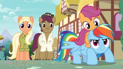 Size: 1920x1080 | Tagged: safe, screencap, mane allgood, rainbow dash, scootaloo, snap shutter, pegasus, pony, g4, the last crusade, clothes, female, filly, foal, group, hat, male, mare, ponies riding ponies, quartet, riding, scootaloo riding rainbow dash, scootalove, shirt, siblings, sisters, stallion