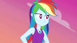 Size: 1280x720 | Tagged: safe, screencap, rainbow dash, equestria girls, g4, my little pony equestria girls: choose your own ending, wake up!, wake up!: rainbow dash, armpits, clothes, cute, cyoa, dashabetes, eyebrows, female, geode of super speed, hand on hip, jewelry, lidded eyes, looking away, magical geodes, necklace, oy vey, raised eyebrow, shirt, sleeveless, sleeveless shirt, smug, solo, tank top