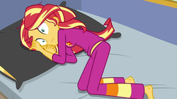Size: 1280x720 | Tagged: safe, screencap, sunset shimmer, equestria girls, g4, my little pony equestria girls: choose your own ending, wake up!, wake up!: applejack, barefoot, clothes, cyoa, feet, female, midriff, pajamas, sleeping, solo