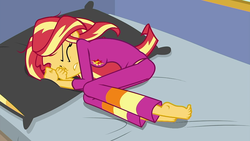 Size: 1280x720 | Tagged: safe, screencap, sunset shimmer, equestria girls, equestria girls series, g4, wake up!, spoiler:choose your own ending (season 2), spoiler:eqg series (season 2), barefoot, clothes, curled toes, cyoa, feet, female, midriff, pajamas, sleepy, solo, wake up!: applejack