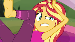 Size: 1280x720 | Tagged: safe, screencap, sunset shimmer, equestria girls, equestria girls series, g4, wake up!, spoiler:choose your own ending (season 2), spoiler:eqg series (season 2), armpits, barefoot, choose rainbow dash, clothes, confused, cyoa, feet, female, pants, sleeveless, solo, tank top, the stranded turtle, wake up!: rainbow dash, yoga, yoga mat, yoga pants