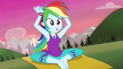 Size: 1280x720 | Tagged: safe, screencap, rainbow dash, equestria girls, equestria girls series, g4, wake up!, spoiler:choose your own ending (season 2), spoiler:eqg series (season 2), armpits, barefoot, clothes, confused lemur, feet, female, flexible, geode of super speed, magical geodes, pants, pose, sleeveless, solo, tank top, wake up!: rainbow dash, yoga, yoga mat, yoga pants