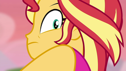 Size: 1280x720 | Tagged: safe, sunset shimmer, equestria girls, g4, my little pony equestria girls: choose your own ending, wake up!, wake up!: rainbow dash, arms, bare shoulder portrait, bare shoulders, bust, choose rainbow dash, close-up, clothes, cyoa, female, portrait, shirt, shoulders, sleeveless, sleeveless shirt, solo, tech-savvy donkey