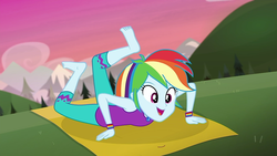 Size: 1280x720 | Tagged: safe, rainbow dash, equestria girls, g4, my little pony equestria girls: choose your own ending, wake up!, wake up!: rainbow dash, barefoot, clothes, cute, dashabetes, feet, female, flexible, geode of super speed, horse on a bike, magical geodes, pants, pose, sleeveless, solo, tank top, yoga, yoga mat, yoga pants, yoga pose