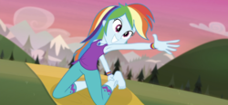 Size: 1792x828 | Tagged: safe, screencap, rainbow dash, equestria girls, g4, my little pony equestria girls: choose your own ending, wake up!, wake up!: rainbow dash, armpits, barefoot, beautiful, choose rainbow dash, clothes, cute, cyoa, dashabetes, feet, female, geode of super speed, inverse badger, magical geodes, pants, pose, sleeveless, smiling, solo, tank top, yoga, yoga mat, yoga pants