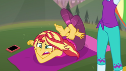 Size: 1280x720 | Tagged: safe, screencap, rainbow dash, sunset shimmer, equestria girls, equestria girls series, g4, wake up!, spoiler:choose your own ending (season 2), spoiler:eqg series (season 2), barefoot, choose rainbow dash, clothes, cyoa, feet, female, horse on a bike, pants, phone, sleeveless, spread toes, tangled up, tank top, toes, wake up!: rainbow dash, yoga, yoga mat, yoga pants