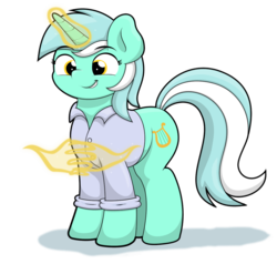Size: 1097x1044 | Tagged: safe, artist:ljdamz1119, lyra heartstrings, pony, unicorn, g4, clothes, female, hand, magic, magic hands, mare, shirt, simple background, smiling, solo, transparent background, you know i had to do it to em