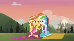 Size: 1476x828 | Tagged: safe, screencap, rainbow dash, sunset shimmer, equestria girls, equestria girls series, g4, wake up!, spoiler:choose your own ending (season 2), spoiler:eqg series (season 2), barefoot, choose rainbow dash, clothes, cute, cyoa, dashabetes, feet, female, geode of empathy, geode of super speed, magical geodes, shimmerbetes, shipping fuel, sleeveless, tank top, wake up!: rainbow dash, yoga