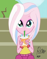 Size: 750x938 | Tagged: safe, artist:rjp.rammy, clear sky, common ground, equestria girls, g4, clothes, cup, drinking, drinking straw, equestria girls-ified, eyeshadow, female, juice, makeup, pants, sleeveless sweater, solo, straw, sweater