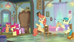 Size: 1920x1080 | Tagged: safe, screencap, apple bloom, aunt holiday, auntie lofty, scootaloo, sweetie belle, earth pony, pegasus, pony, unicorn, g4, the last crusade, clothes, cutie mark, cutie mark crusaders, female, filly, scarf, sewing machine, sitting, the cmc's cutie marks