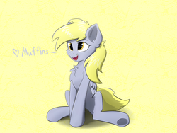 Size: 1600x1200 | Tagged: safe, artist:d.w.h.cn, derpy hooves, pegasus, pony, g4, chest fluff, cute, derpabetes, ear fluff, female, mare, simple background, sitting, solo, yellow background