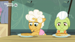 Size: 600x338 | Tagged: safe, screencap, goldie delicious, granny smith, cat, earth pony, pony, g4, going to seed, animated, eating, elderly, female, food, goldie delicious' cats, mare, pancakes, stealing, yoink
