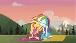 Size: 1469x828 | Tagged: safe, screencap, rainbow dash, sunset shimmer, equestria girls, g4, my little pony equestria girls: choose your own ending, wake up!, wake up!: rainbow dash, barefoot, choose rainbow dash, clothes, cute, cyoa, dashabetes, feet, female, geode of empathy, geode of super speed, magical geodes, shimmerbetes, shipping fuel, sleeveless, tank top