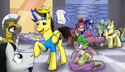 Size: 4142x2397 | Tagged: safe, artist:cactuscowboydan, chancellor neighsay, spike, oc, oc:king righteous authority, oc:king speedy hooves, oc:queen fresh care, oc:queen galaxia (bigonionbean), oc:tommy the human, alicorn, dragon, pony, g4, alicorn oc, canterlot, canterlot castle, clothes, commissioner:bigonionbean, crown, dress, father and son, female, food, fusion, fusion:big macintosh, fusion:braeburn, fusion:carrot top, fusion:derpy hooves, fusion:doctor whooves, fusion:flash sentry, fusion:golden harvest, fusion:mayor mare, fusion:minuette, fusion:prince blueblood, fusion:princess cadance, fusion:princess celestia, fusion:princess luna, fusion:shining armor, fusion:time turner, fusion:trouble shoes, fusion:twilight sparkle, fusion:wind waker, glasses, hair bun, human oc, husband and wife, jewelry, magic, male, mare, mother and son, regalia, royal guard, scroll, shirt, stallion, sweater, tea, winged spike, wings