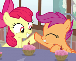 Size: 982x791 | Tagged: safe, screencap, apple bloom, scootaloo, earth pony, pegasus, pony, g4, the last crusade, chair, cropped, cupcake, eyes closed, food, hoofbump, smiling, table