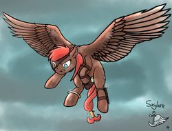 Size: 1920x1460 | Tagged: safe, artist:underwoodart, oc, oc only, oc:skylark, pegasus, pony, the tale of two sisters, angry, eyepatch, flying, mottled coat, nonbinary, pirate, pointing, realistic wings, shiny, simple background, solo, wings