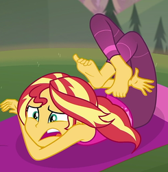 Size: 636x650 | Tagged: safe, screencap, sunset shimmer, equestria girls, equestria girls series, g4, wake up!, spoiler:choose your own ending (season 2), spoiler:eqg series (season 2), animation error, ankles, barefoot, clothes, cropped, cyoa, feet, female, horse on a bike, pants, phone, sleeveless, spread toes, tangled up, tank top, update, wake up!: rainbow dash, yoga, yoga mat, yoga pants