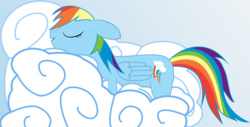 Size: 2341x1193 | Tagged: safe, artist:dazel, rainbow dash, pony, g4, cloud, female, mare, on a cloud, sleeping, solo