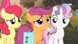 Size: 1366x768 | Tagged: safe, screencap, apple bloom, scootaloo, sweetie belle, earth pony, pony, g4, the last crusade, cutie mark crusaders, letter, mail, mouth hold, outdoors, saddle bag