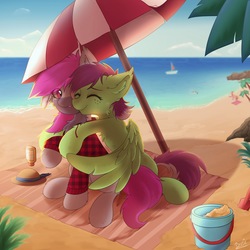 Size: 2500x2500 | Tagged: safe, artist:burû, oc, oc only, oc:neon, oc:watermelon success, pony, beach, high res, umbrella