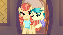 Size: 1020x574 | Tagged: safe, screencap, aunt holiday, auntie lofty, earth pony, pegasus, pony, g4, the last crusade, clothes, door, doorway, duo, female, jewelry, lesbian, mare, scarf, sweater