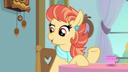 Size: 1920x1080 | Tagged: safe, screencap, aunt holiday, earth pony, pony, the last crusade, :o, chair, clock, clothes, cup, curtains, ear piercing, earring, female, jewelry, mare, open mouth, piercing, scarf, solo, table, teacup, window