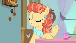 Size: 1920x1080 | Tagged: safe, screencap, aunt holiday, earth pony, pony, g4, the last crusade, clock, clothes, cup, eyes closed, female, mare, scarf, solo, teacup