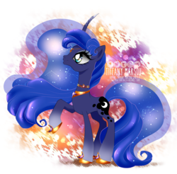 Size: 1180x1162 | Tagged: safe, artist:tiffanymarsou, princess luna, alicorn, pony, g4, abstract background, concave belly, constellation, constellation hair, curved horn, ethereal mane, ethereal tail, eyelashes, female, hoof shoes, horn, long mane, mare, raised hoof, side view, slender, solo, starry mane, starry tail, tail, thin