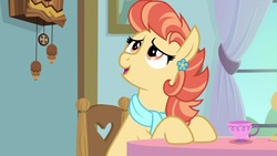 Size: 1920x1080 | Tagged: safe, screencap, aunt holiday, earth pony, pony, g4, the last crusade, clock, clothes, cup, female, mare, scarf, solo, teacup
