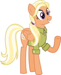 Size: 718x880 | Tagged: safe, artist:crystalmagic6, mane allgood, pegasus, pony, g4, the last crusade, clothes, female, raised hoof, simple background, smiling, solo, transparent background, underhoof, vector